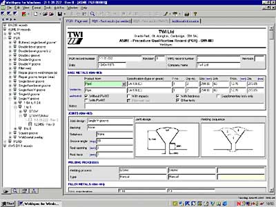 Screen view of the Weld spec software program 