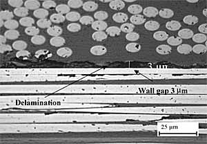 Fig. 9. Delamination damage between two plies (45° (top) and 90°) showing typical measured wall gap in Q-ID-2 (Magnification x1000)