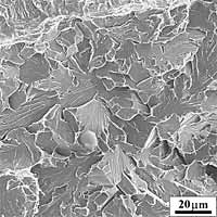 Fig.16a) Scanning electron micrograph of the cleavage initiation area in front of the fatigue crack-tip of specimen no. 1, representative of the main cleavage initiation mechanism (Group 1), characterised by moderate local plastic strain 