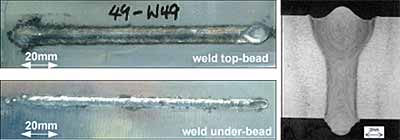 Fig.4. Top and bottom weld bead appearance and cross-section of a fully penetrated hybrid laser-MIG melt run produced in 12.7mm 7xxx aluminium alloy in the PF welding position at the maximum welding speed of0.94m/min