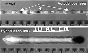 Fig.5. Full penetration melt runs in 12.7mm thickness 7xxx aluminium produced using the autogenous laser and hybrid laser-MIG process produced at a welding speed of 0.65m/min