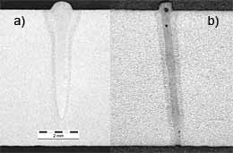 Fig.12. Cross-sections produced in 7mm thickness C-Mn steel at 4kW, a welding speed of 3m/min, using: a) a 5mm.mrad (in-vacuum) electron beam focused in a 370µm focal spot; b) a 2mm.mrad Yb-fibre laser beam focused in a 200µm focal spot.