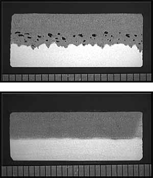 Fig. 6. L-section of CO 2 laser welds with Argon (top) and Helium (bottom) side jets (each unit represents 1mm)