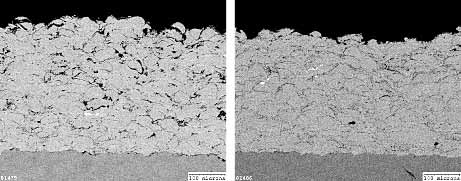 Fig. 9. JP5000 - low oxygen content coating (left), high oxygen content coating (right) 