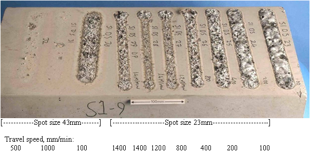 Fig.3. Siliceous aggregate. Laser passes at 4000W on a dry surface