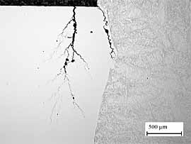 Fig.6. Intergranular cracking in the HAZ of weld W1 (pipe A, 12Cr5Ni2Mo), environment A