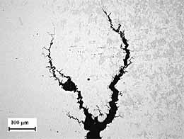 Fig.3a. Detail of the macroscopic intergranular crack about 1.5mm from the fusion line of weld NWA2 (2 pass weld with 20°C IPT and water cooling in high grade steel)
