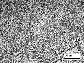 Fig.1. Medium grained bainitic-martensitic microstructure (1150�C for 45 minutes followed by an oil quench). Mean hardness 231HV10. Sample etched in 2% nital 