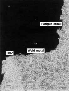 Fig.5. SCC in HAZ following lateral extension from weld metal fatigue crack