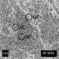 Fig.6. Representative microstructures, 8018-C1 weld metal: a) Low dilution, as-deposited