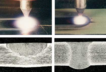 Fig.1. The characteristic appearances of the activated and conventional TIG arcs and the comparative depths of penetration in 6mm thick stainless steel (left: Conventional TIG welding, right: A-TIG welding)