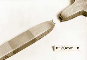 Fig. 7b FHPP-tensile test specimen of low carbon steel showing fracture away from the core and heat affected zone (HAZ) 