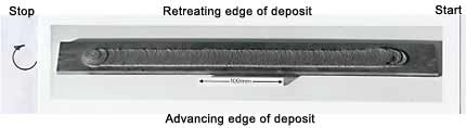 Fig.4. Typical friction surfaced deposit BS 4659 H13 (AISI HI3, Werkstoff No 1.2344) hot-work tool steel deposited onto BS 970-1: 1983 080M40 (EN 10083-1) steel substrate