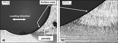 Fig.5. Cross-section view of a crack initiated at the ground weld toe of specimen 03. The crack initiated in weld metal and its final surface length was about 1.3mm, crack No. TA-3:
