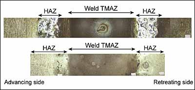 Fig.7. Photomacrograph of the top surface of a) Conventional friction stir weld; and b) Dual rotation friction stir weld