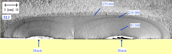 FIGURE: 8 – Example of asymmetric fatigue crack growth from adjacent coplanar surface flaws [14] 