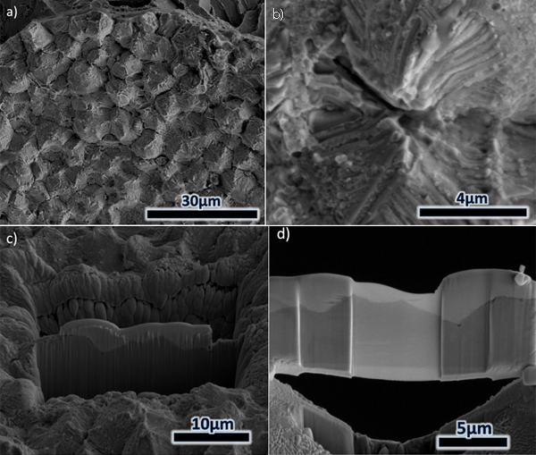 Figure 6 – 8630-625 specimen fracture surface: a) SEM image of ‘flat’ and grainy-like morphology, b) higher magnification image of a crater with central node, c) TEM wafer selection and d) thinned TEM wafer.