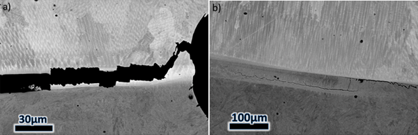 Figure 14 – SEM backscatter images of a retrieved 8630-Alloy 625 SENB specimen. The sample was sectioned and polished after testing. A) Cracking can be seen linking the notch-tip in the Alloy 625 weld metal to the buttering-LAS interface. B) Crack li