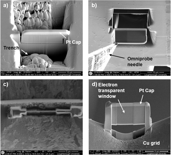 Figure 3 - a) Milled trenches allow the wafer to be released on three sides; b) extraction of the wafer using a micromanipulator and tungsten needle; c) ion beam image showing wafer thickness; d) SEM image of finished wafer.