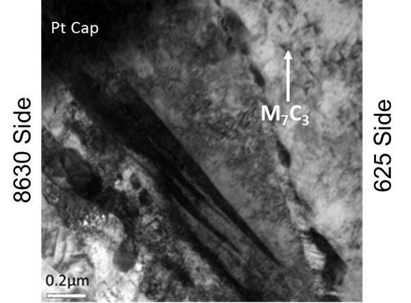 Figure 8 - TEM brightfield photomicrograph of the region at the top of TEM sample 1.