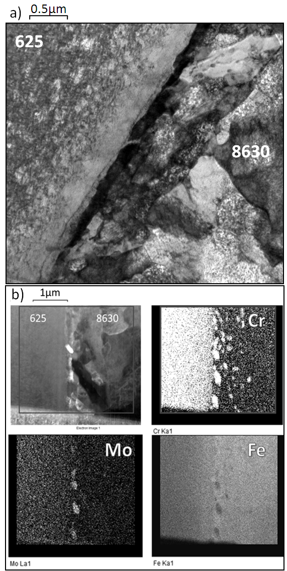 Figure 9 – a) TEM brightfield image and b) Lower magnification EDX elemental maps across the dissimilar interface in TEM specimen 3.