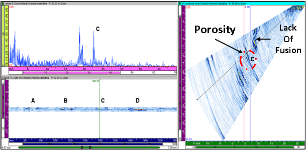 Figure 11 Data showing flawed regions containing porosity in specimen 01, along with a lack of side wall fusion in the hot pass.