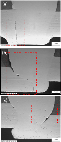 Figure 13 Micrographs of the section in specimen 04 at (a) 663mm, (b) 907mm and (c) 992mm from the datum, focused on the lack of root penetration flaw (highlighted).