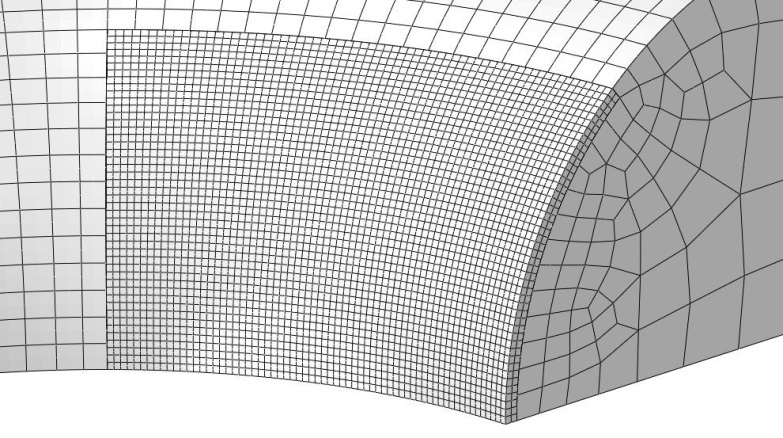 Figure 4 Views of the mesh of one chain link showing the refined mesh in the contact zone.