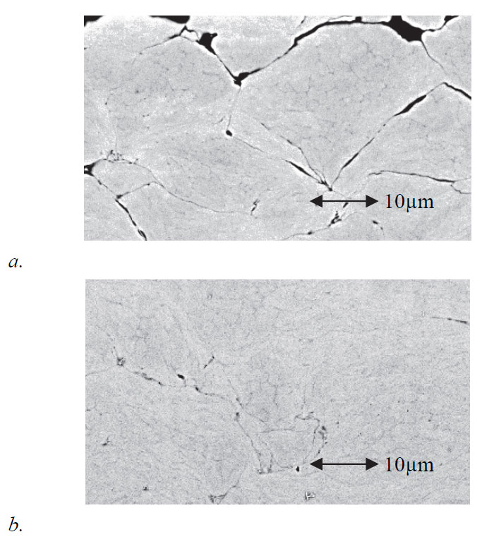 Figure 5: Example of microstructures of Ni alloy coatings (sprayed on to steel substrates: not shown): a. Without laser heating of the substrate. b. With laser heating.