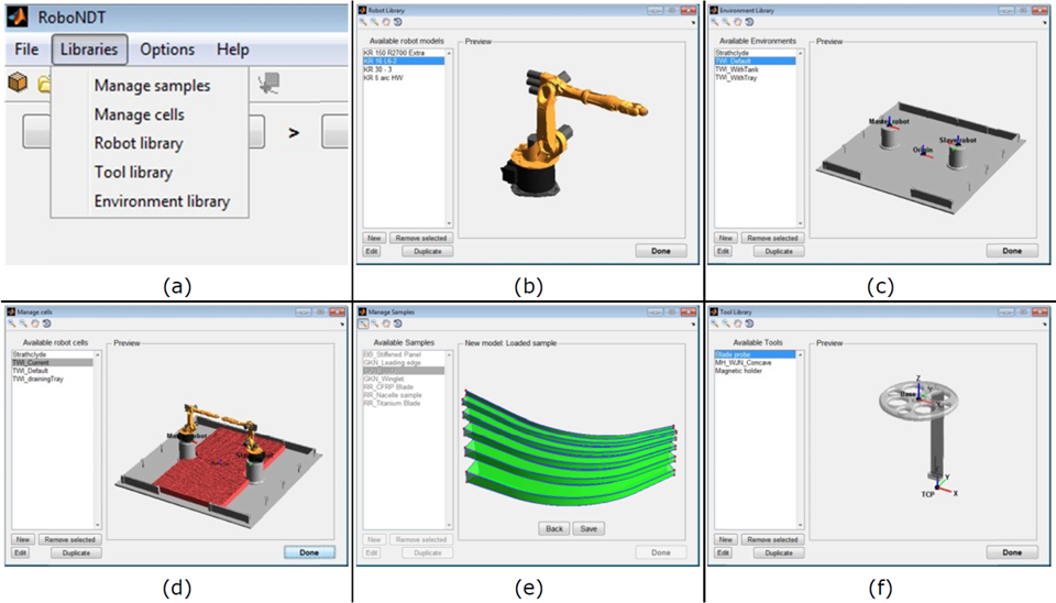 Figure 2 – Libraries menu (a), Robot library (b), Environment library (c), Cell management (d), Sample management (e) and Tool library (f).