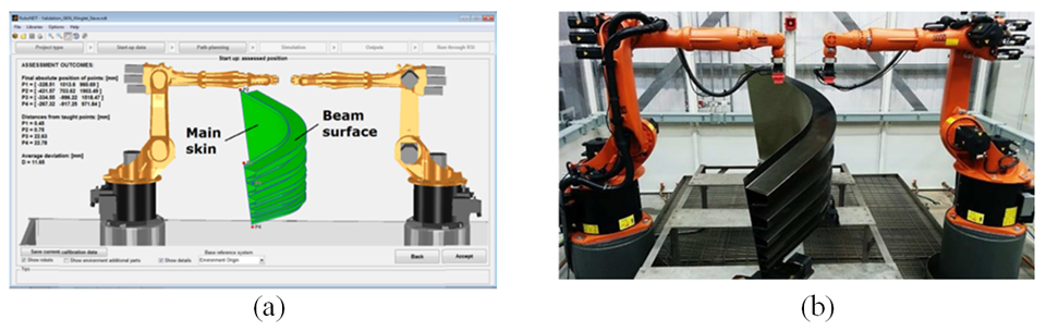 Figure 3 – Real setup (a) and sample model in the virtual robot environment (b).