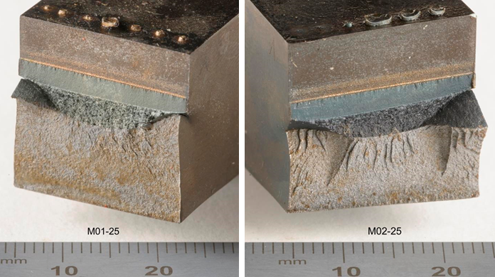 Figure 13 Examples of out of plane tearing in part of the crack front in upper-shelf SENT specimens from M01 and M02