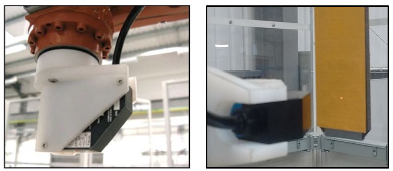 Figure 3 - Acuity AR200-100 sensor attached to robot (left). Laser dot reflected off tool on second robot (right)