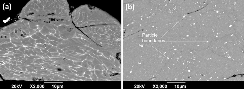 Fig. 12 Higher magnification of deformed particles into the coating of as-received (a) and solution heat-treated particles (b) illustrating the high deformation undergone by the particles during deposition