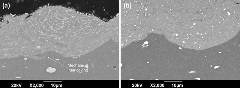 Fig. 13 BSE images of the bonding between the deposit and the substrate in both cases: As-received (a) and solution heat-treated (b) AA7075 powder. A mechanical interlocking is observed between the substrate and the coating