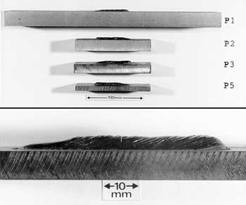 Fig.1a Drop-weight test specimens: Side view. Lower photo shows close-up of weld-bead and notch 
