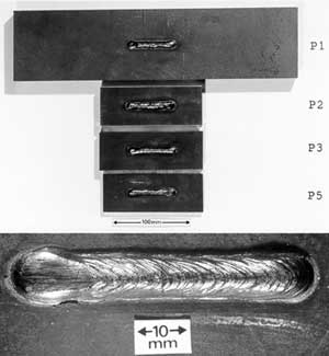 Fig.1b Drop-weight test specimens: Top view. Lower photo shows close-up of weld-bead with central notch just visible as thin black line