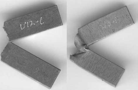 Fig. 1. Charpy specimens failing through the weld metal (left) and by FPD (right)
