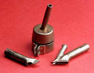 Fig.1. Plastics welding nozzles (left to right) tacking nozzle, round nozzle, high speed nozzle