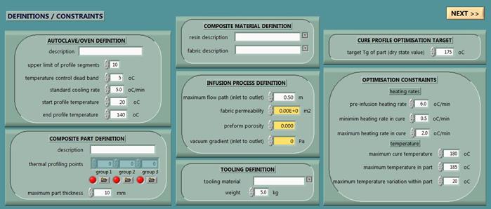 User interface for defining the process and the materials used