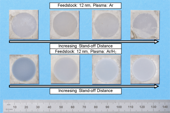 Fig. 3 Photograph showing 12 nm titania feedstock coatings produced by SPS in Ar and Ar/H2 plasma conditions at the range of stand-off distances. Coatings are produced as circles due to their mounting in the water cooled jig.