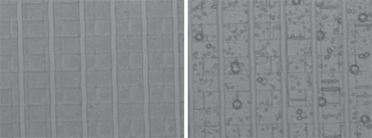 Fig. 3 SEM images showing 495PMMA A8 resist after EB exposure and developing. The lines exposed to the EB are 25μm wide and separated by 5 μm wide tracks. The resist has been removed along the 25μm lines. The left image exposed at 200 μC/cm2, shows n