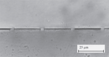 Fig. 4 Laser welded sample in cross section. The tops of the 5 μm wide tracks have been welded to the top sheet of PMMA. Gaps with a height of a few hundred nanometres have been left on either side of the welded tracks.