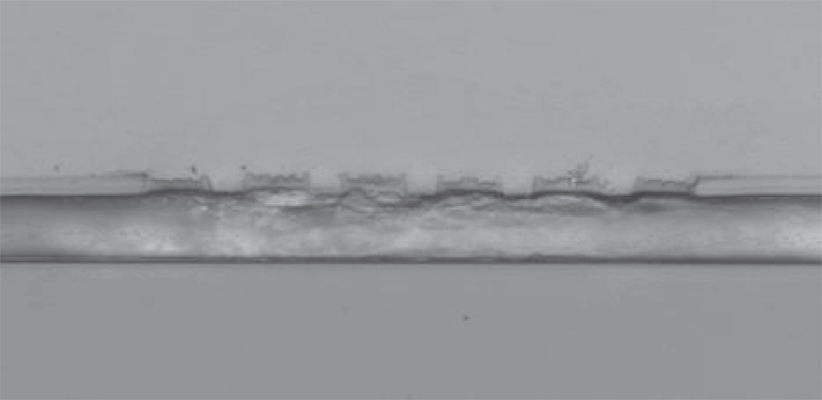 Fig. 7 Sample of PMMA on glass substrate in cross section with 5 μm wide channels and 1 μm infrared absorber tracks at the tops of the channel walls (and some in between) prepared using EB lithography.