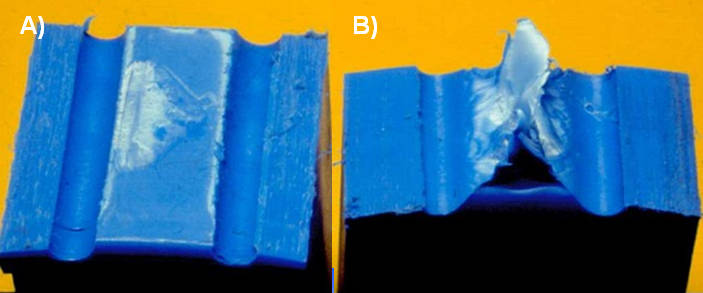 Fig. 7 Example of: a) brittle failure and b) ductile failure in a tensile test with a waisted specimen geometry