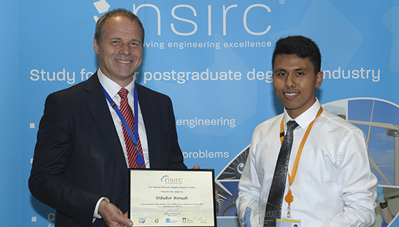 2019 TWI Industrial Impact Award, presented to Dibakor Boruah by Dr Paul Woollin, TWI Director of Research. Photo: NSIRC / TWI Ltd