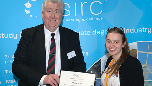Madie was presented with her NSIRC 2019 Annual Conference award by Alasdair Coates, CEO of the Engineering Council. Photograph: NSIRC / TWI Ltd