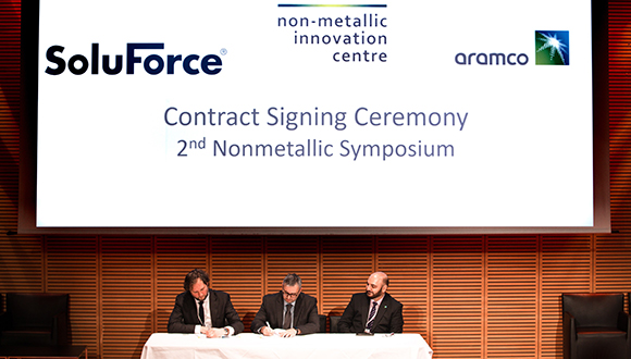 Photo shows left to right Robert-Jan Berg, Managing Director, SoluForce®, Mihalis Kazilas, NIC Programme Director and Ihsan Al-Taie, Chief Technologist, Saudi Aramco.