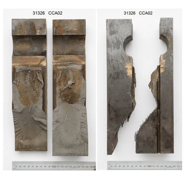 Figure 3. Fracture appearance of one of the CCA specimens after test and heat-tinting of the arrested brittle crack