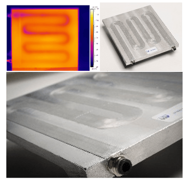 Figure 1. Cooling plate demonstrator produced by CoreFlow™ with an infrared thermal image of liquid coolant circulating through the heated plate demonstrator